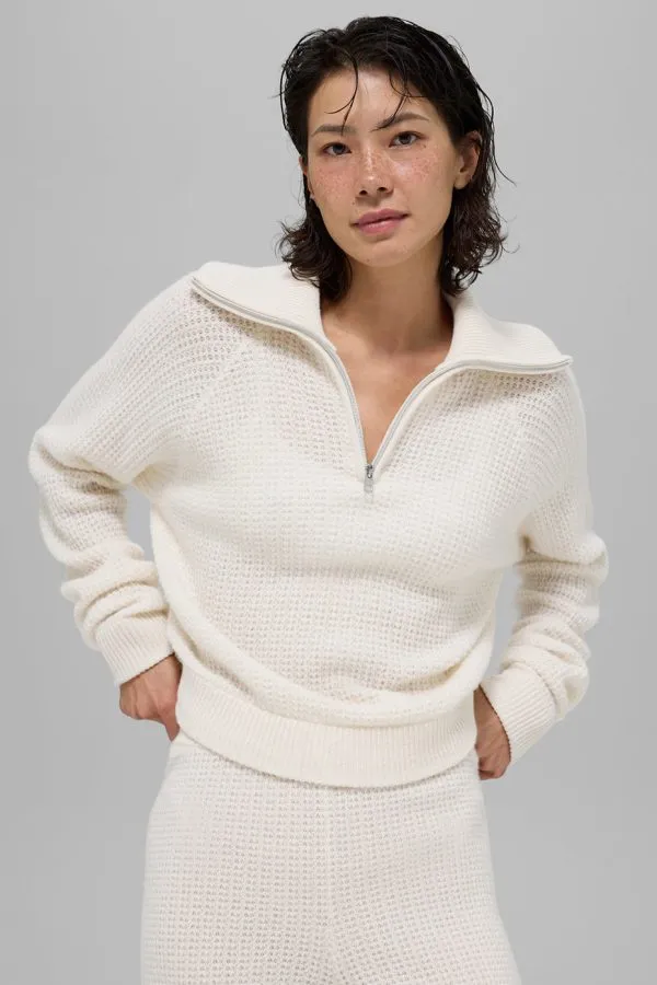 Pull Cachemire gaufré moelleux 1/4 Zip - Ivoire